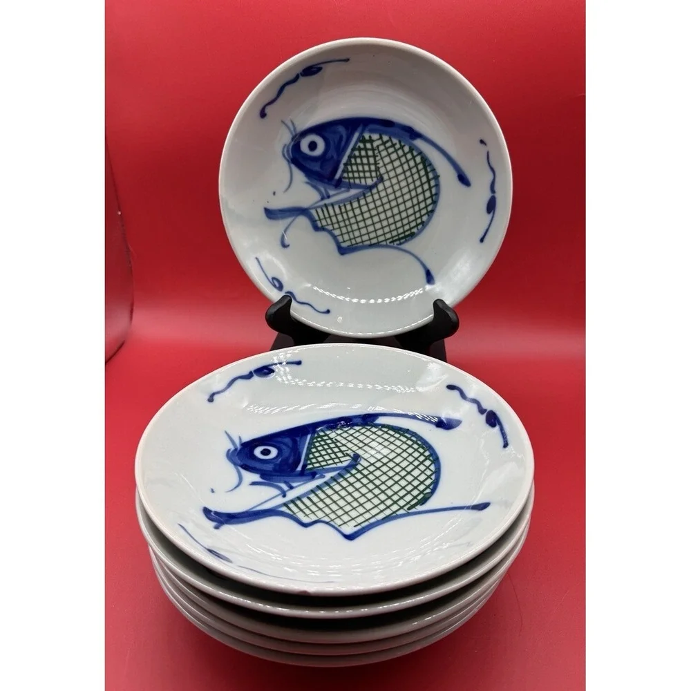 6 Antique Arita Porcelain Koi Carp Fish Blue,White&Green Soup Pasta Bowls 8